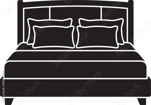 Black silhouette of a modern bed with pillows against a white background, simple minimalist bedroom furniture icon