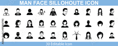 Collection of thirty distinct editable man and woman face silhouette icons