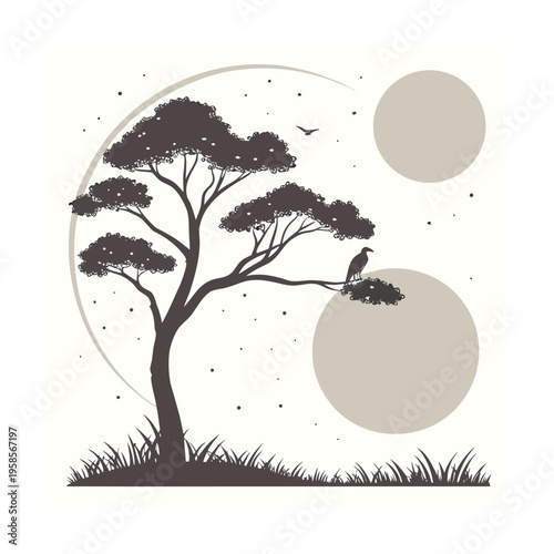 Vector illustration of tree, bird, and moon phases in beige and brown