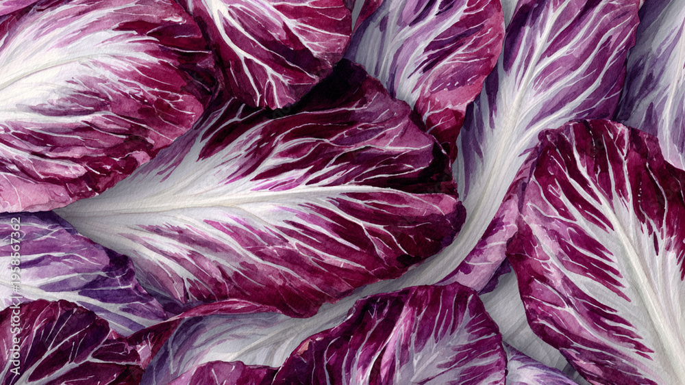 Obraz premium Hand-painted watercolor illustration of radicchio leaves in full frame composition, dense overlapping leaves with bold purple tones and white veins, perfect for food background.