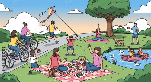 Family enjoying leisure activities in a park with picnic kite flying and boating on a sunny day