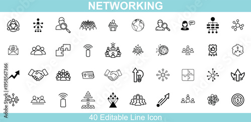 Collection of forty editable line icons focused on networking and professional connections