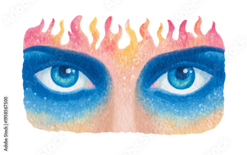 Cold blue eyes in flame painting style illustration.