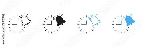 Clock With Bell Notification Icon Set. Time Management, Reminder, And Alert System Outline And Silhouette Symbol Collection. Alarm And Scheduling Concept. Isolated Vector Illustration