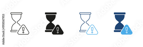 Hourglass With Warning Icon Set. Time Management, Deadline Alert, And Urgency Notification Silhouette Symbol Collection. Task Prioritization And Efficiency. Isolated Vector Illustration