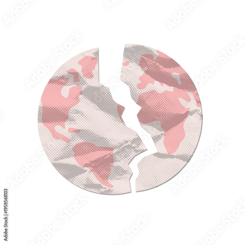 Global crisis and divided world concept. Retro halftone collage of broken earth globe. Vintage pop art vector illustration for international conflict, geopolitical tension and social polarization.
