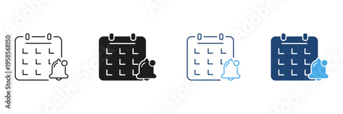 Calendar With Notification Bell Icon Set. Event Reminder, Scheduling, And Alert Management Outline And Silhouette Symbol Collection. Time Management And Planning. Isolated Vector Illustration