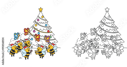 Christmas Caroling Bees and Butterflies by a Festive Tree - Coloring Page