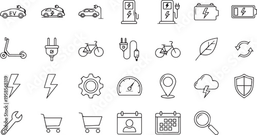 Eco Transportation & Electric Vehicle Line Icons Set  Sustainable Mobility Vector Collection