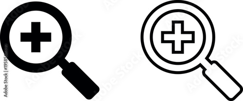 Magnifying glass icons with cross symbols