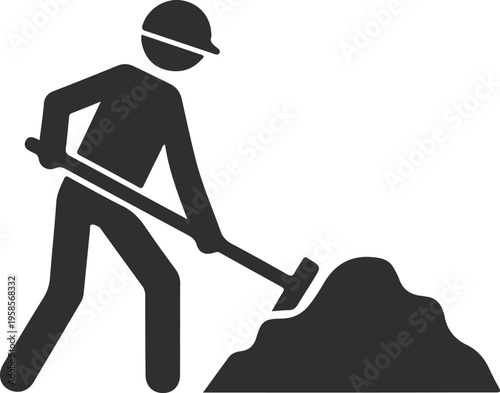 Black silhouette of a construction worker digging with a shovel isolated on white background