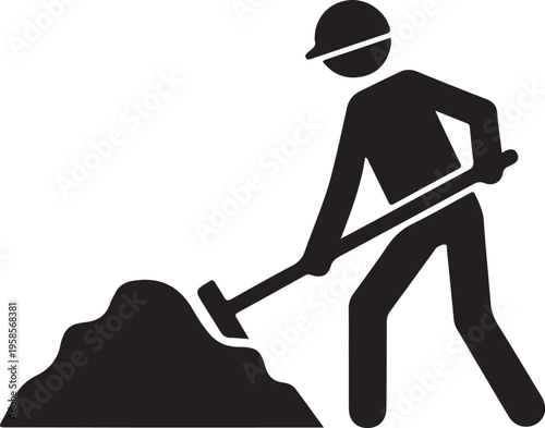 Black silhouette of a worker digging with a shovel isolated on white background