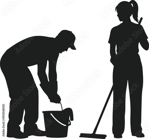 Silhouette of two janitors cleaning with bucket and mop isolated on white background