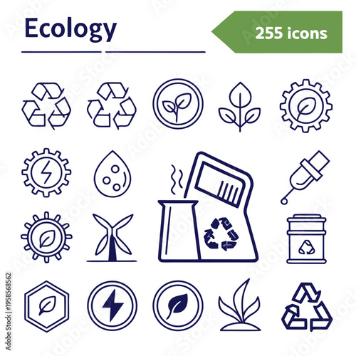 Line icons about ecology. Contains such icons as recycle, eco label, bio fuel and more.