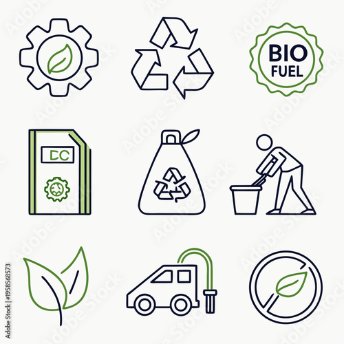 Line icons about ecology. Contains such icons as recycle, eco label, bio fuel and more.