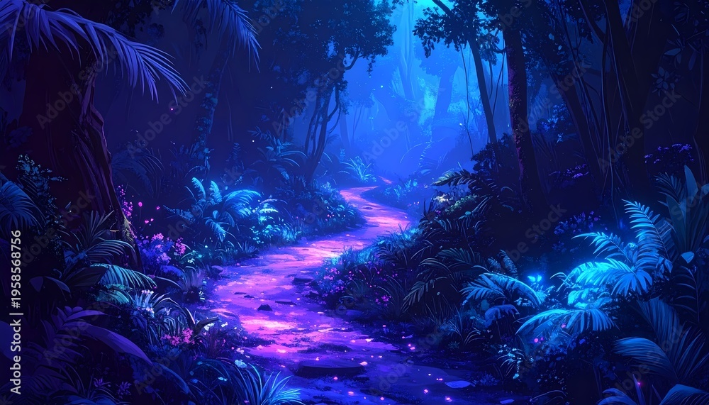 Fototapeta premium Enchanted Path Through a Mystical Bioluminescent Tropical Jungle