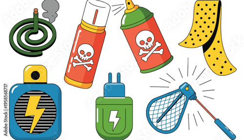 Dangerous objects vector illustration including toxic sprays and electrical devices