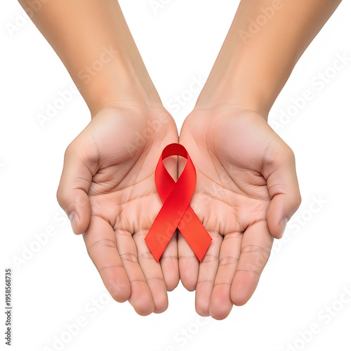 Hands holding a red ribbon symbolizing global health awareness campaign