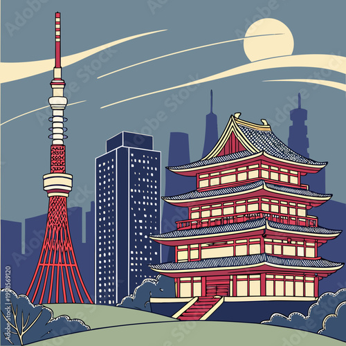 Tokyo skyline art illustration vectorielle