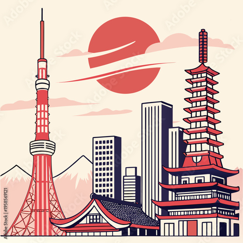 Tokyo skyline art illustration vectorielle