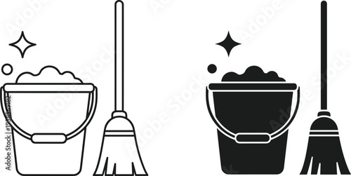 Flat vector illustration of cleaning bucket with soap foam and broom icons set in line and solid glyph style designs.