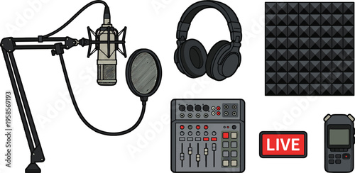 A live broadcast setup with a microphone and headphones on a table indoors.