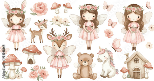 Whimsical illustration of girls and forest creatures in a fantasy setting with pastel colors and cute designs
