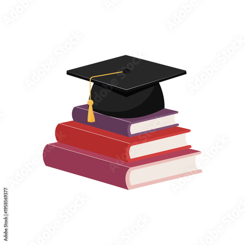 Graduation cap on stack of books for academic success and higher education achievement concept