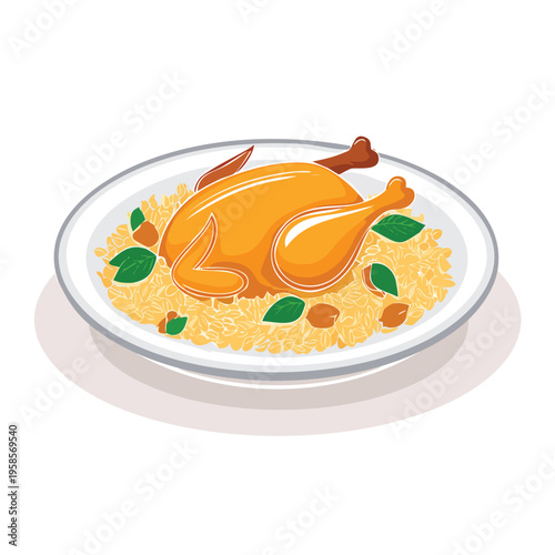 Roasted chicken on plate culinary delight illustration isolated on white