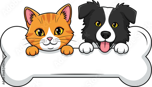 Cute cat and dog peeking over bone signboard cartoon pets banner vector illustration isolated design
