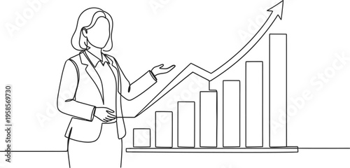 Continuous single line drawing of woman presenting chart for business presentation and analysis concept