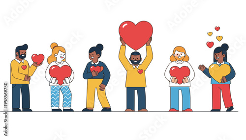Heart illustration of diverse people holding hearts in a loving gesture
