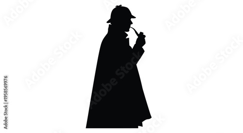 A detective figure with a pipe shown in stark contrast silhouette