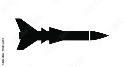 A black missile graphic shown in profile a stark silhouette