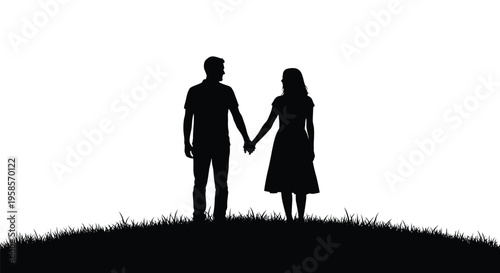 Couple holding hands in a field enjoying a romantic moment silhouette