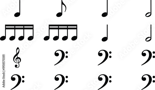 Music notation symbols set, treble clef bass clef notes, melody rhythm signs, musical theory elements, black vector icon collection