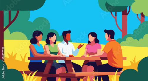 A friendly group of diverse people enjoying a casual outdoor picnic in a park, vector illustration