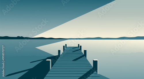 A serene vector illustration of a wooden pier extending into a tranquil body of water under a clear sky