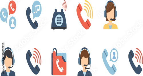 Customer Support and Call Center Icon Set Featuring Professional Service Agents with Headsets, Telephone Handsets, and Communication Symbols for Business Help Desks