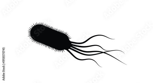 A black silhouette of a bacterium with flagella isolated on white silhouette