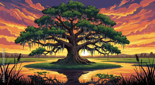 Sunset over the marshy landscape featuring a grand oak tree with Spanish moss, a vibrant vector illustration