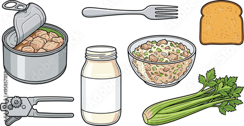 A still life illustration of food items including a pot of meat, a bottle, a bowl of salad, bread, and vegetables on a table indoors.