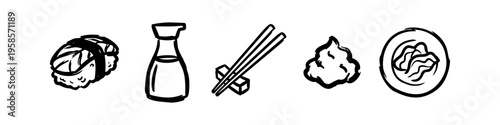 Sushi, Sake Bottle and Chopsticks Monochrome Icon Set. High quality stock illustration with clear subject focus, cohesive composition, and versatile commercial applicability across branding.