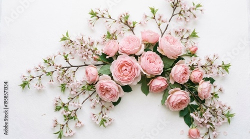 A pink rose with green leaves on a white background.