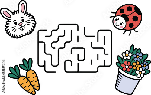 A cute cartoon bunny head tries to solve a puzzling labyrinth to get to its desired carrots