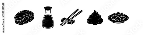 Distinct sushi and soy sauce bottle set in outline style. Sushi, Soy Sauce Bottle and Chopsticks Monochrome Icon Set. High quality stock illustration with clear subject focus, cohesive composition.