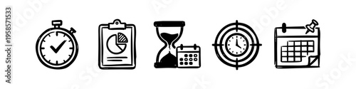 Stopwatch, Clipboard and Pie Chart Monochrome Icon Set. High quality stock illustration with clear subject focus, cohesive composition, and versatile commercial applicability across branding.