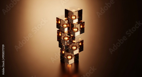 A towering structure of interconnected illuminated bronze cubes creates a futuristic abstract form high-quality professional