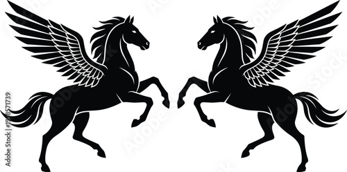Pegasus winged horse silhouettes facing each other, mythological fantasy creatures with spread wings, heraldic emblem style vector illustration design