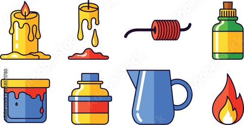 Beekeeping and Candle Making Icon Set with Wax Honey Bottle Flame and Tools Isolated on White Background for Craft Production and Natural Product Design